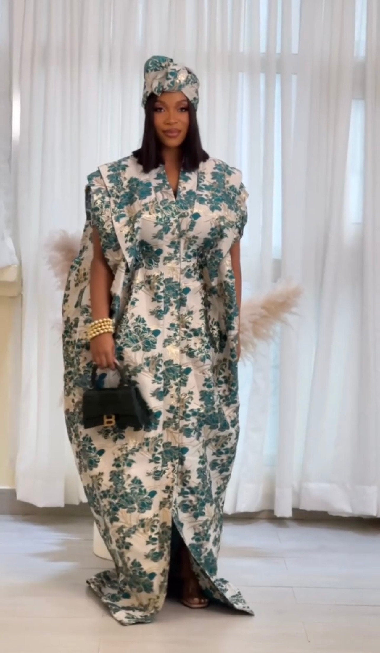 European Brocade Boubou Dress | Ankara Kaftan with Scarf