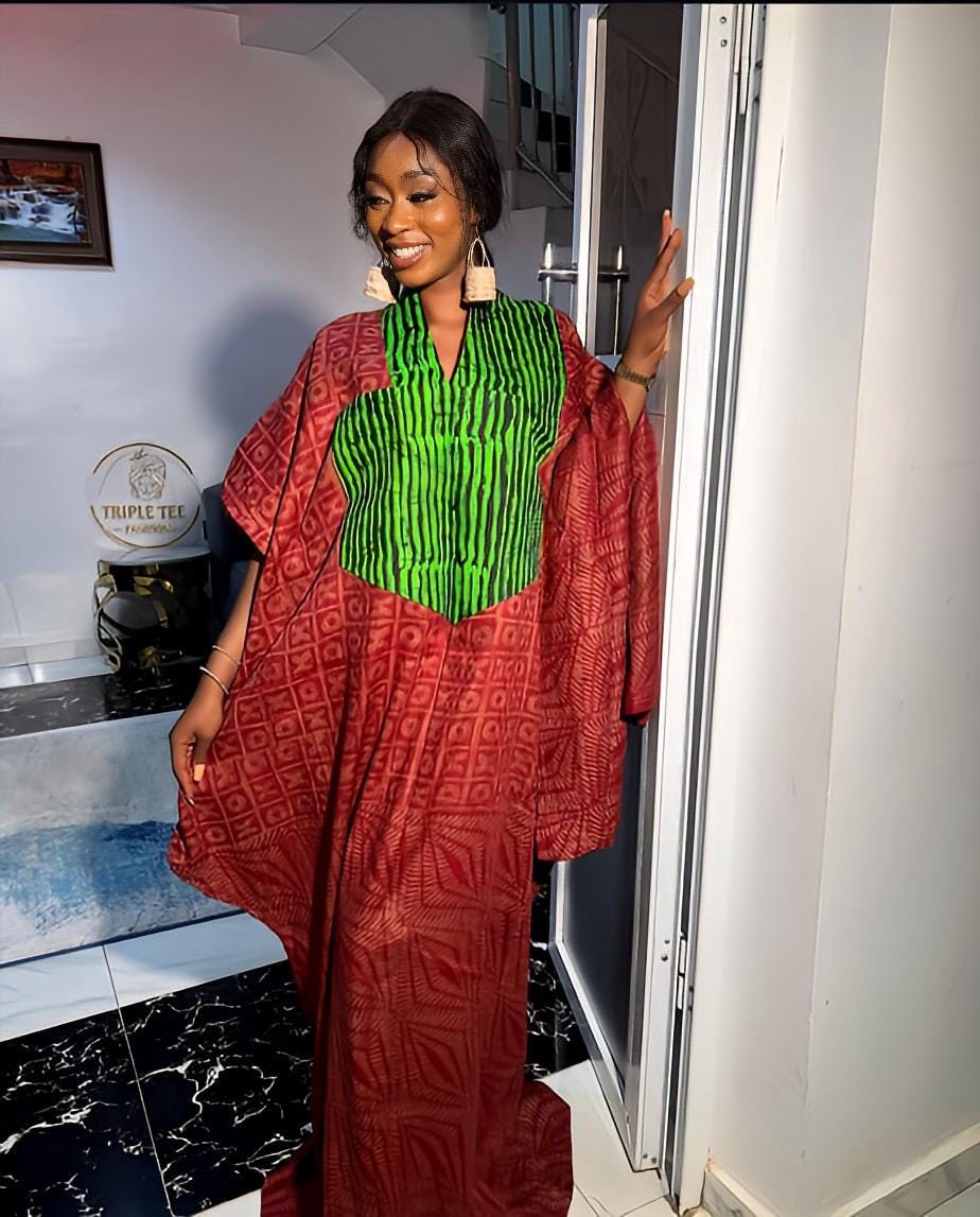 Handmade Adire Cotton Kaftan Dress | Nigerian Boubou with Head Scarf