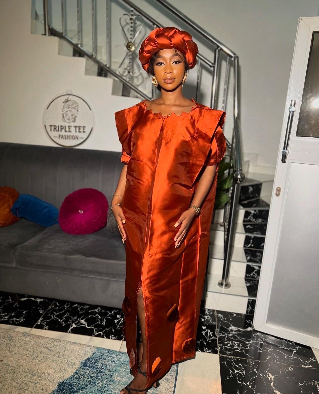 Burnt Orange Mikado Boubou | African Kaftan Dress with Headband