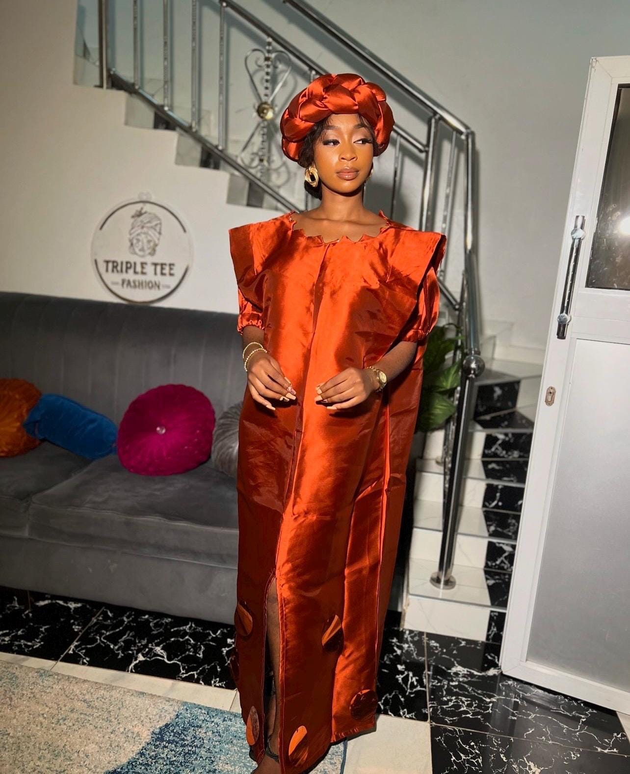 Burnt Orange Mikado Boubou | African Kaftan Dress with Headband