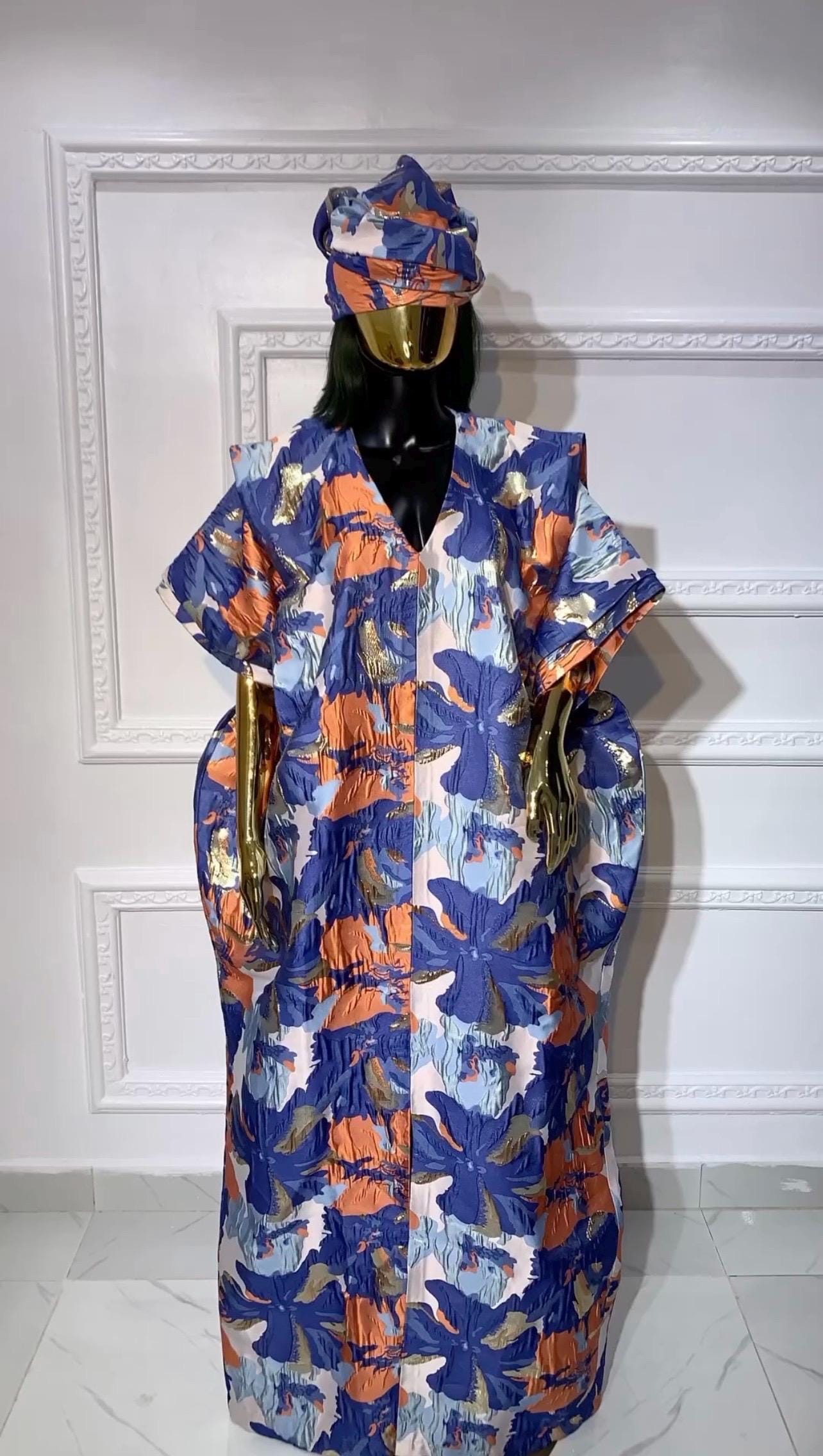 Brocade Boubou Dress with Matching Scarf | African Kaftan