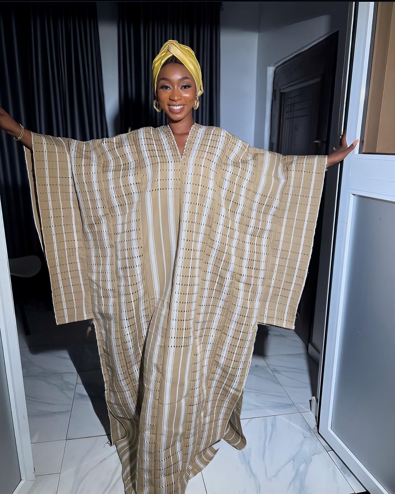 Handmade Aso Oke Boubou Gown | Nigerian Kaftan with Gold Scarf