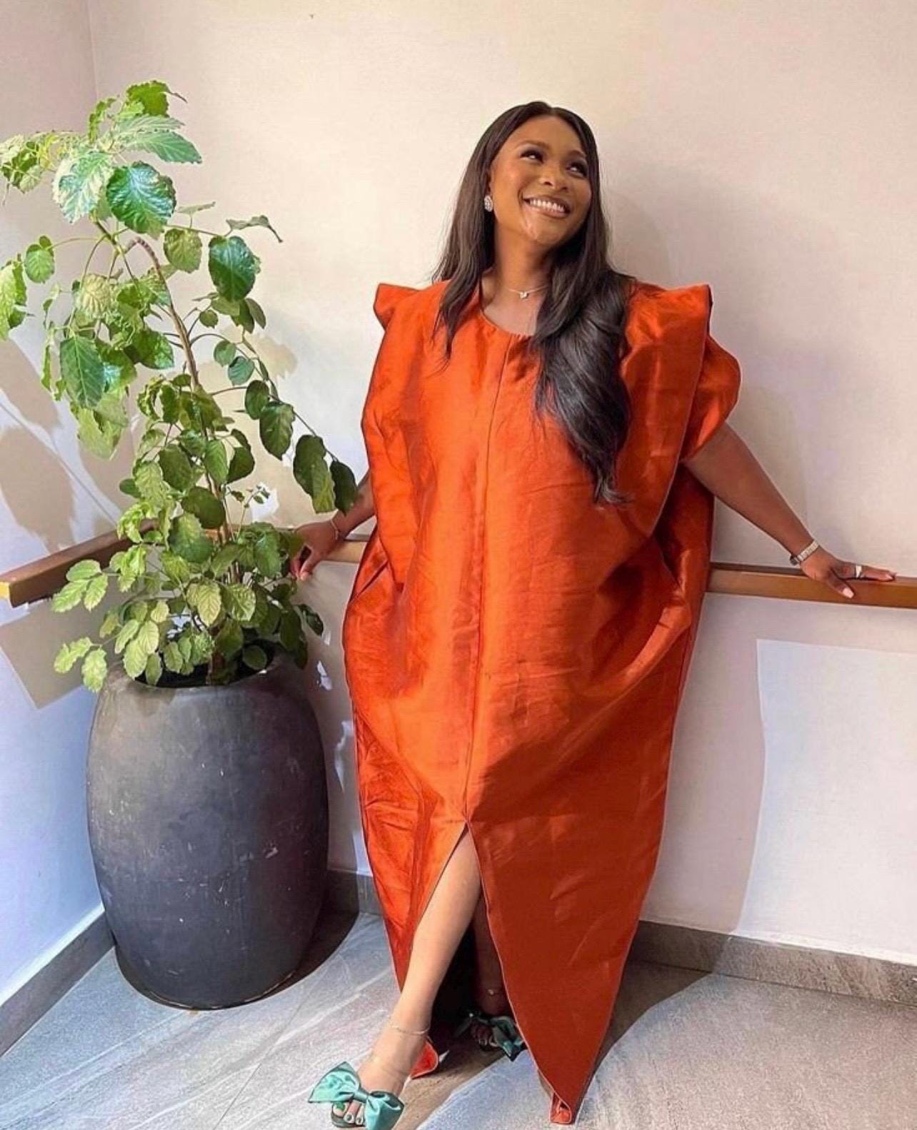 African Mikado Silk Kaftan | Burnt Orange Boubou Dress