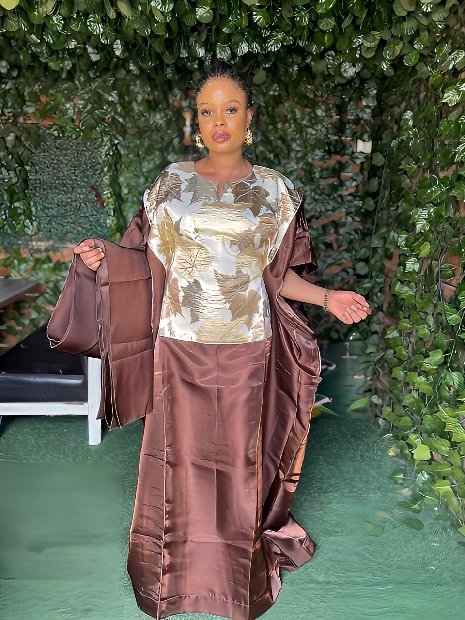 Liquid Mikado Brocade Boubou | African Kaftan Dress with Scarf