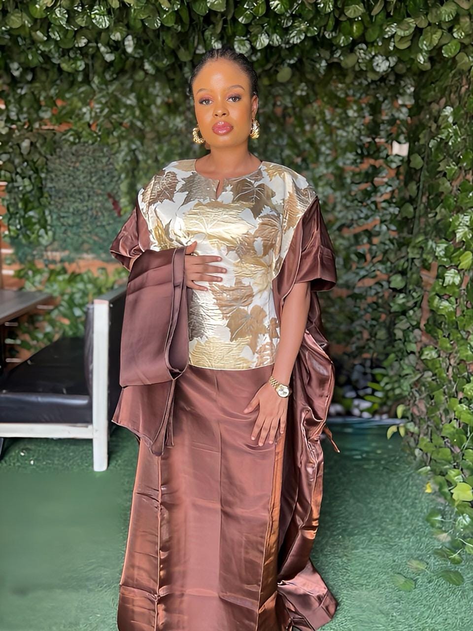 Liquid Mikado Brocade Boubou | African Kaftan Dress with Scarf