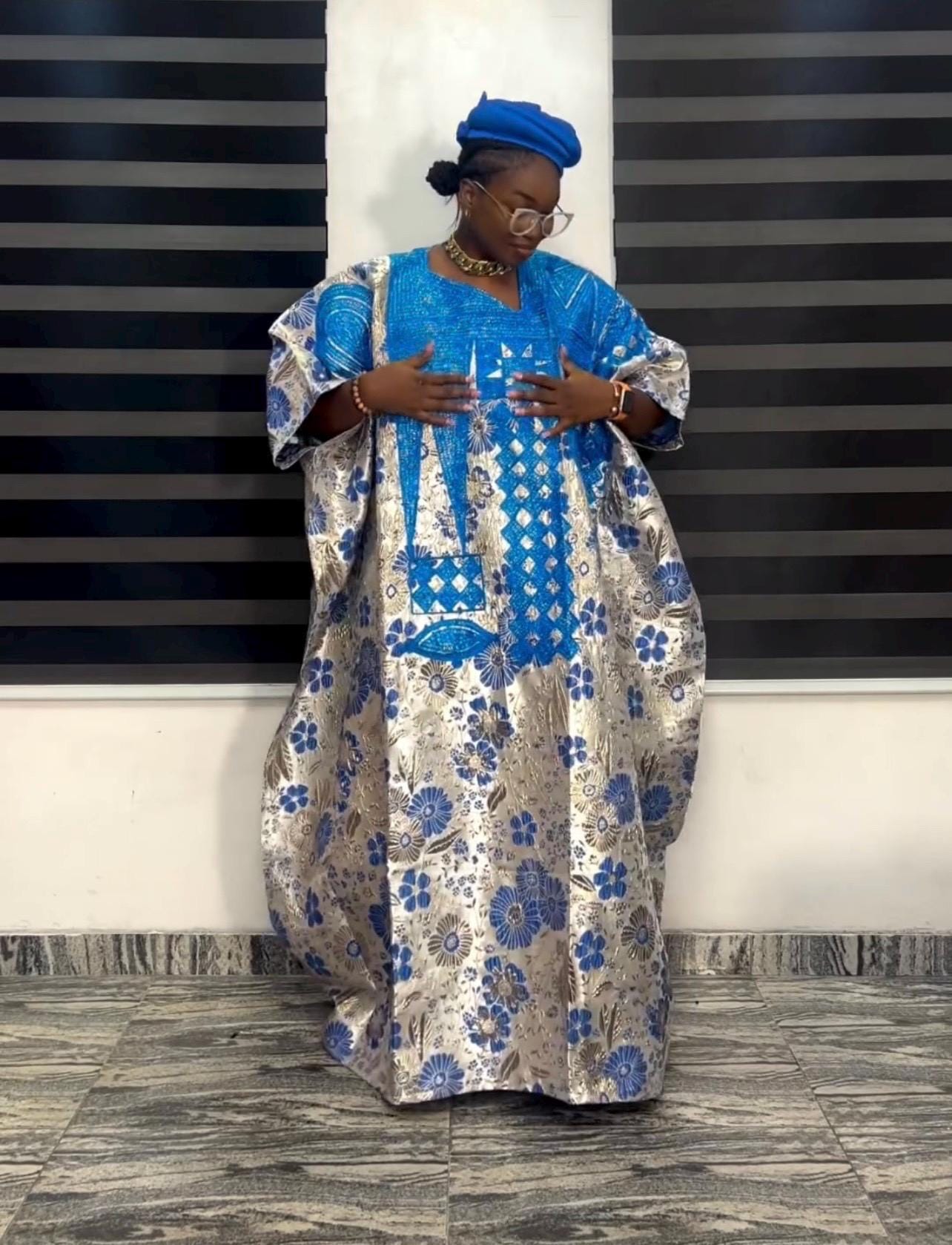Damask Brocade Agbada Dress with Tinko Embroidery | Nigerian Fashion