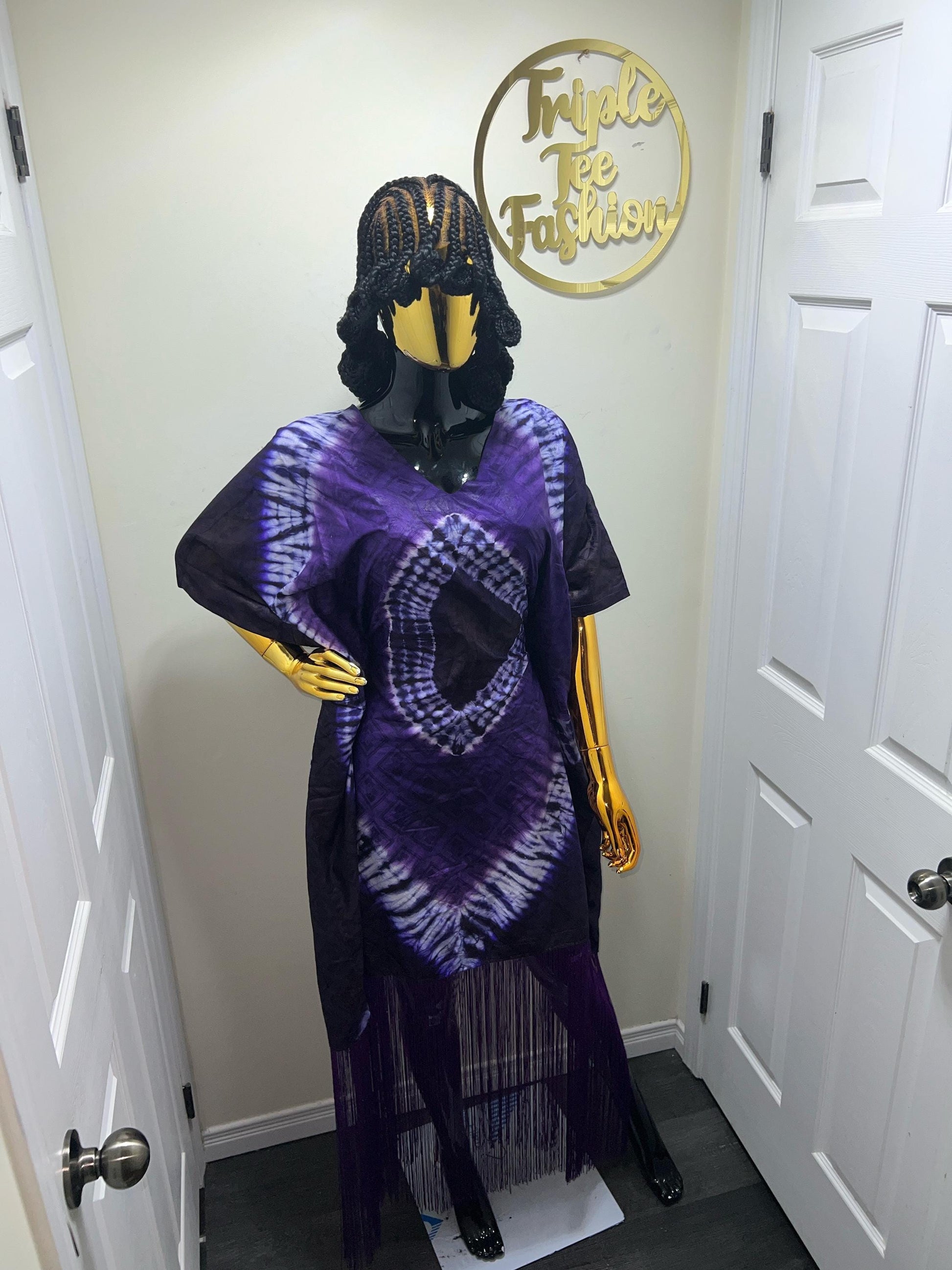 African Adire Fringe Boubou Dress | Nigerian Kaftan