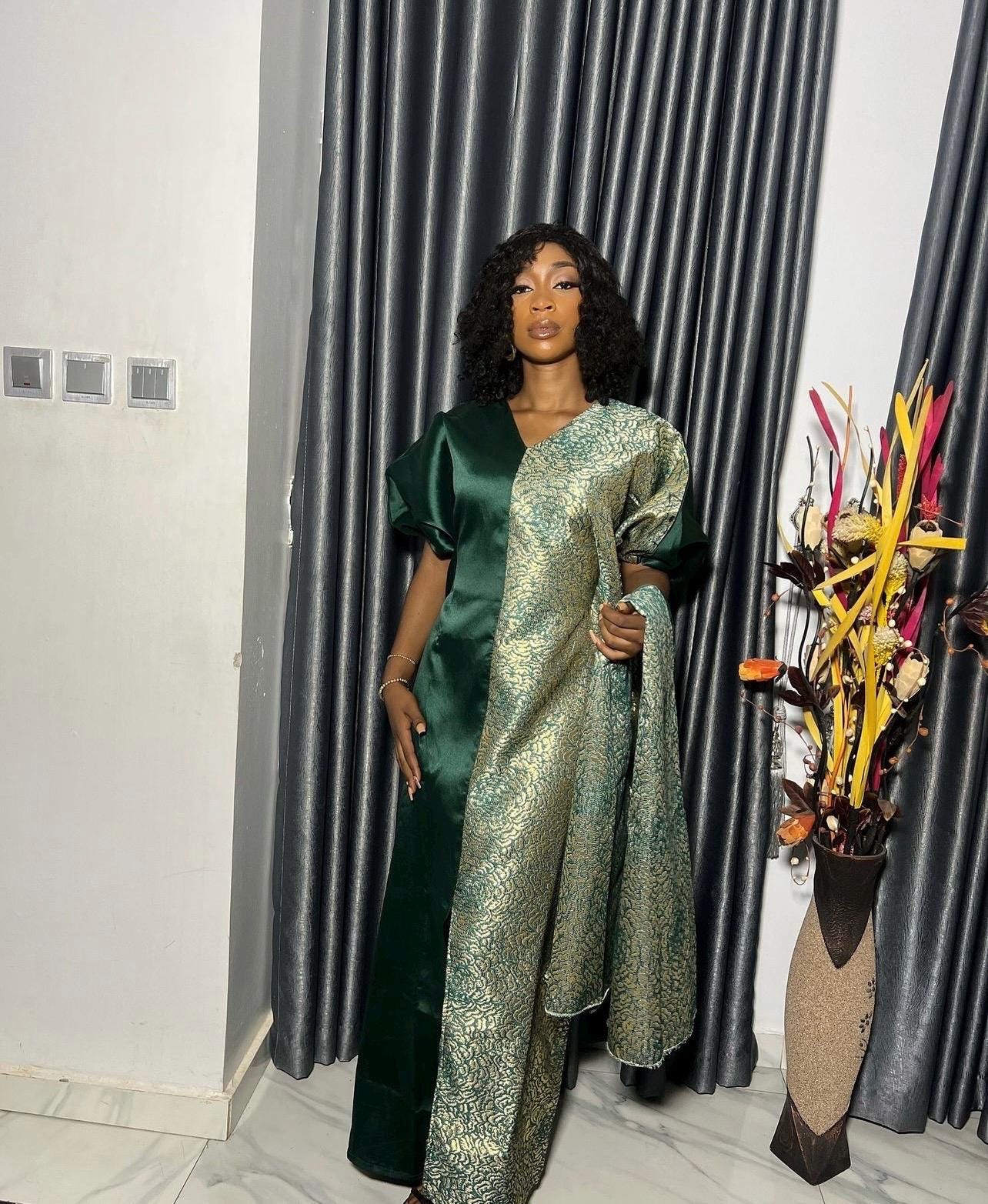 Mikado Brocade Boubou Kaftan | Nigerian Dress with Scarf