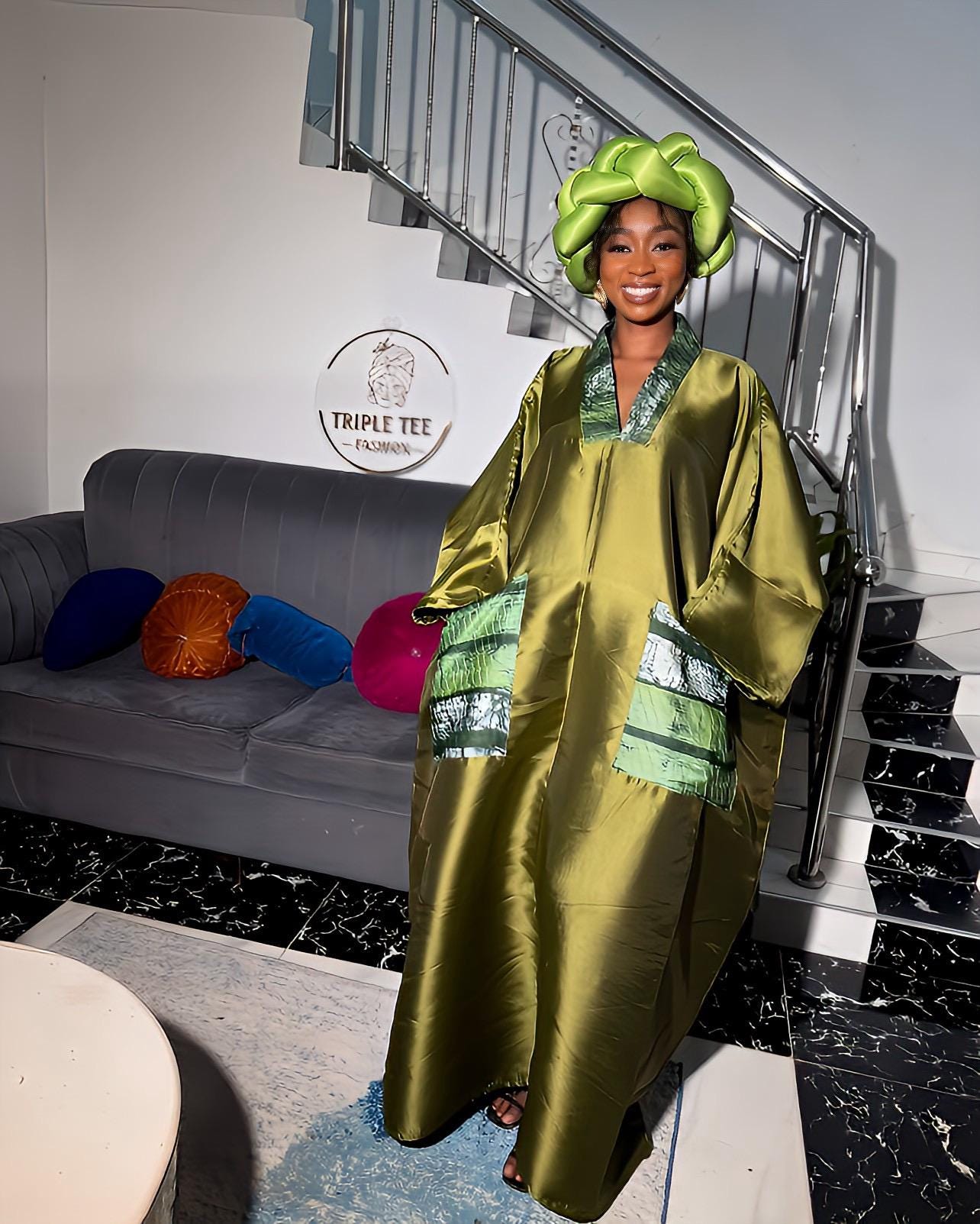 African Mikado Adire Boubou | Nigerian Kaftan Dress with Headband