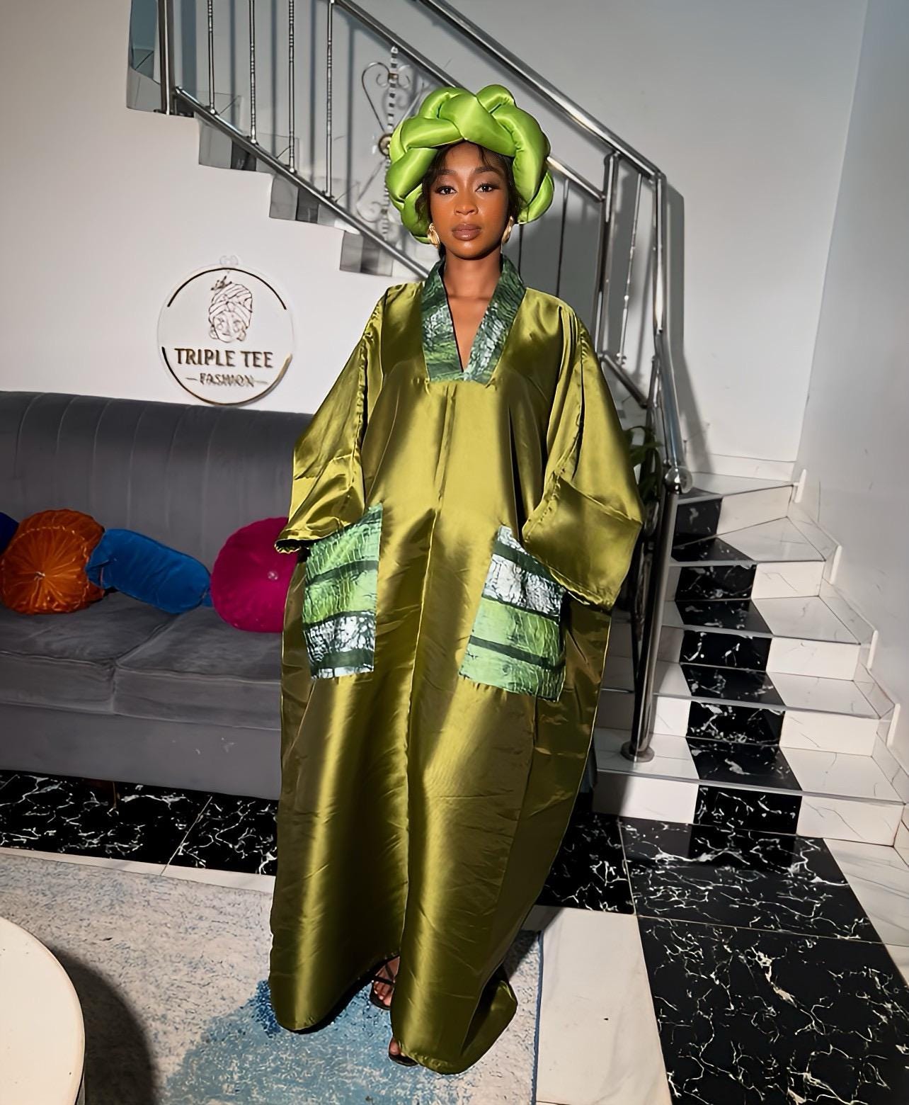 African Mikado Adire Boubou | Nigerian Kaftan Dress with Headband