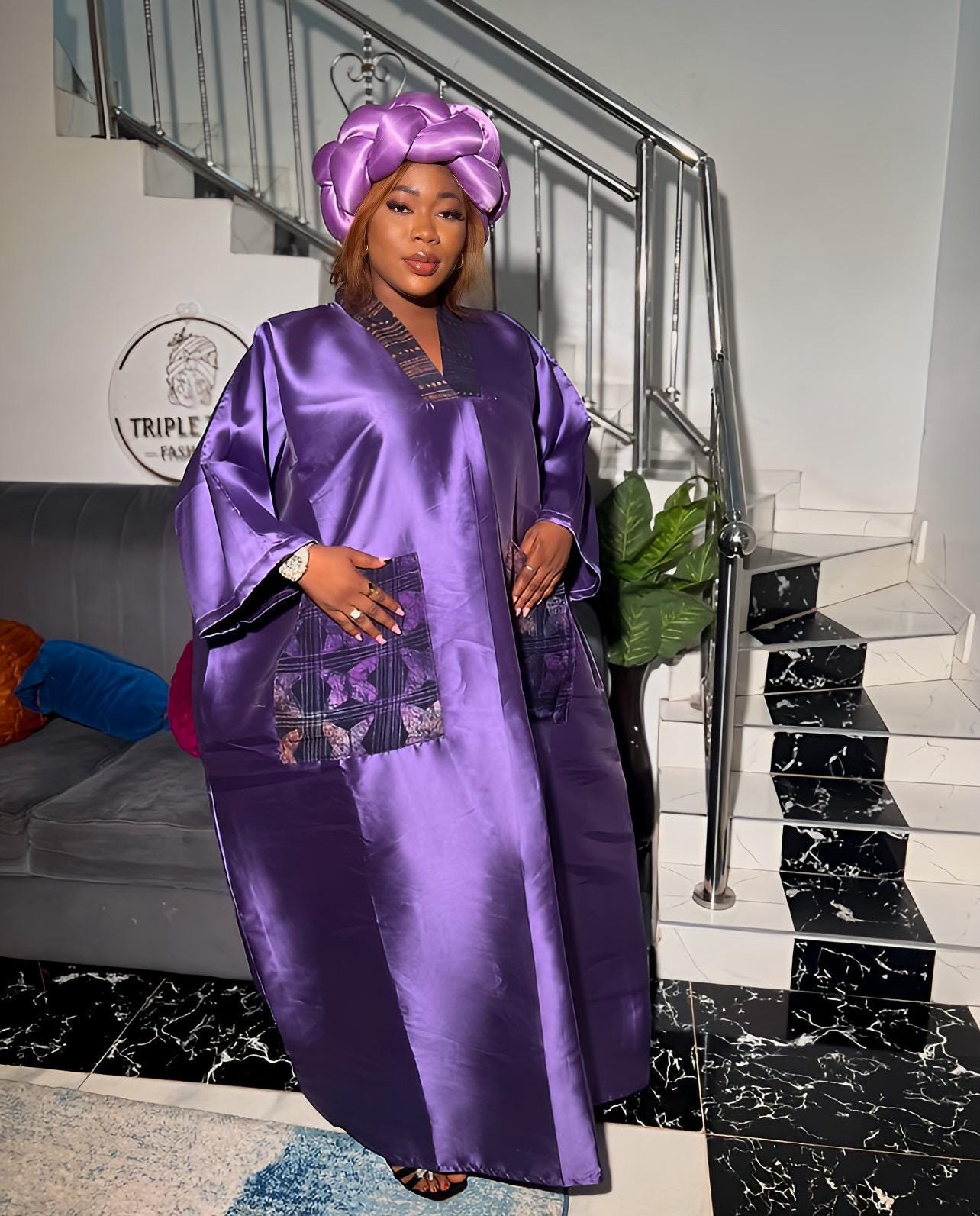 African Mikado Adire Boubou | Headband Included, One Size