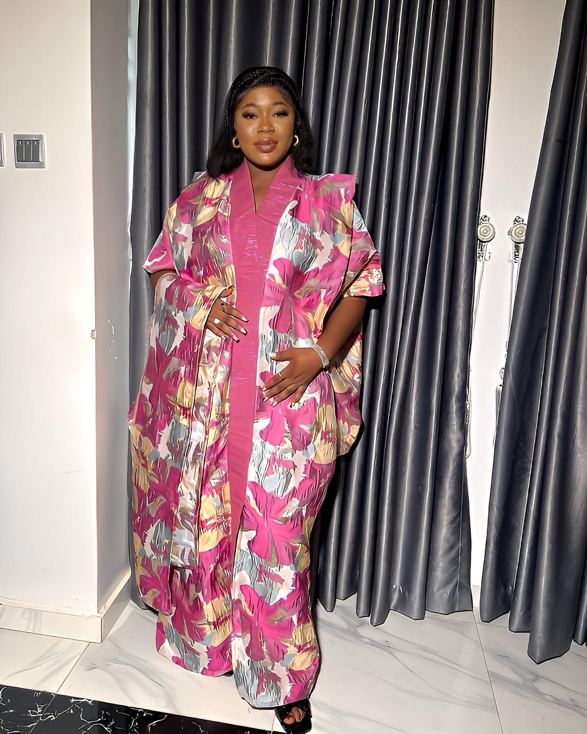 Floral Brocade Boubou Dress | African Kaftan, Party Gown w/ Scarf