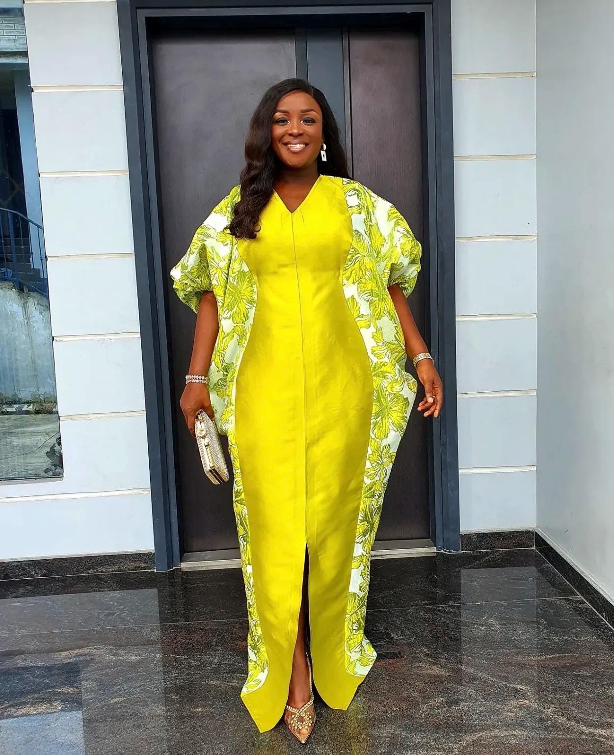 Olive Green Mikado Brocade Boubou | Nigerian Kaftan Dress with Scarf