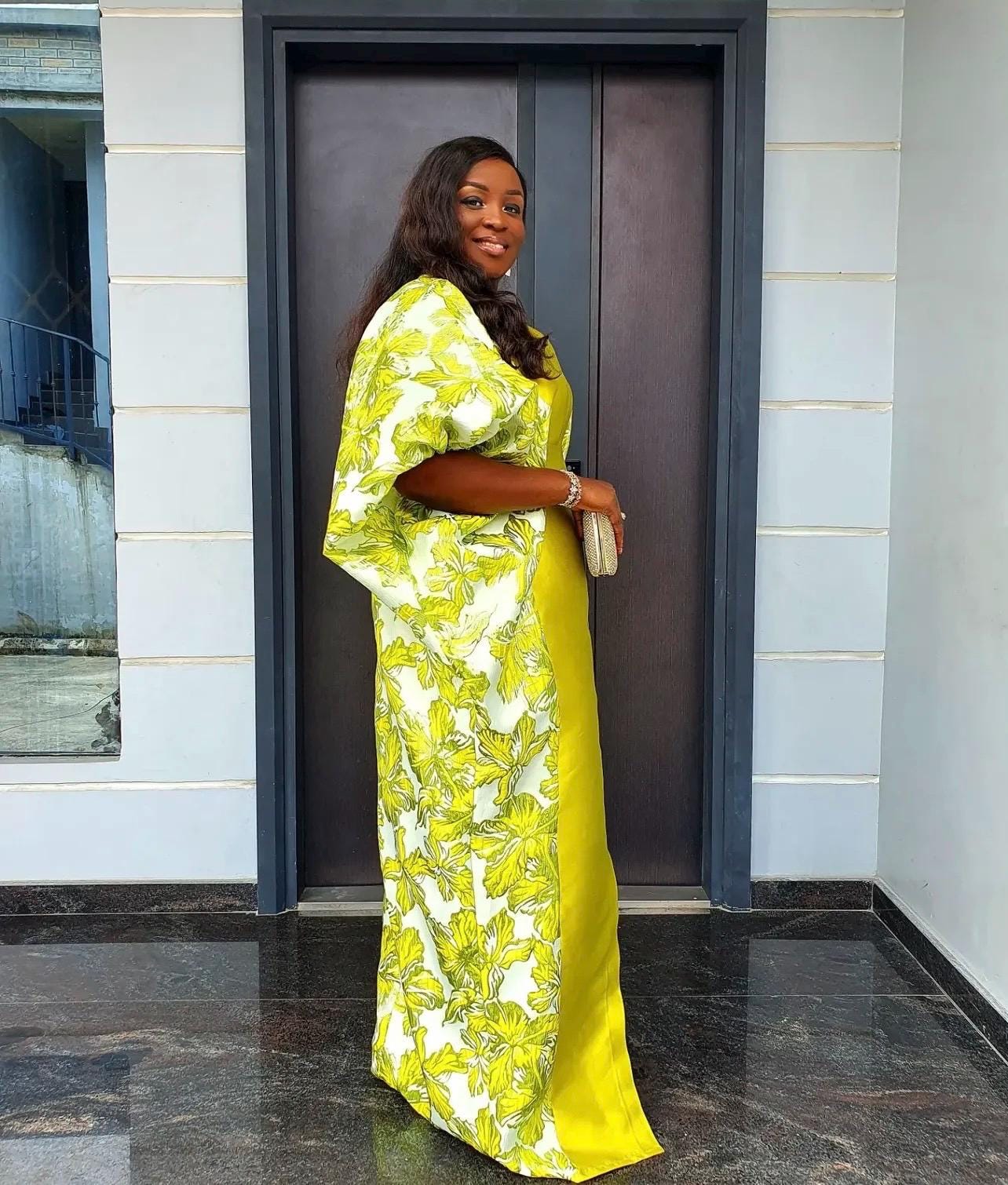 Olive Green Mikado Brocade Boubou | Nigerian Kaftan Dress with Scarf