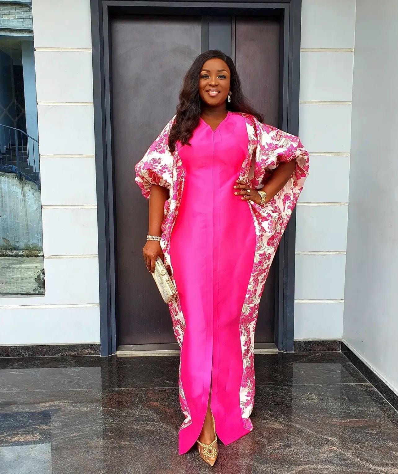 Pink Mikado Brocade Boubou | African Kaftan Dress, Scarf Included