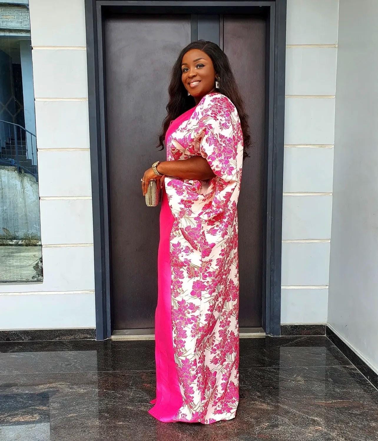 Pink Mikado Brocade Boubou | African Kaftan Dress, Scarf Included