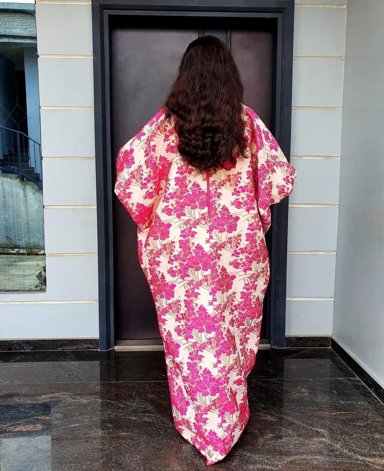 Pink Mikado Brocade Boubou | African Kaftan Dress, Scarf Included
