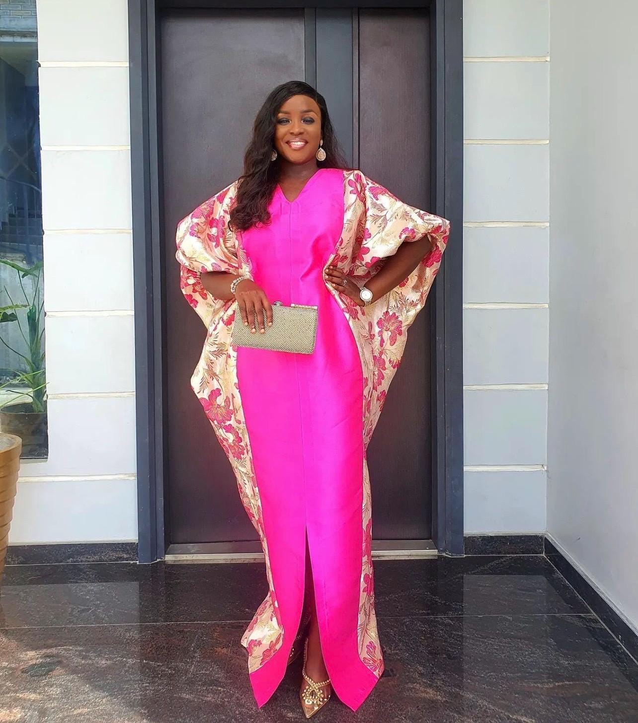 Pink Mikado Brocade Boubou | Nigerian Kaftan Dress, One Size
