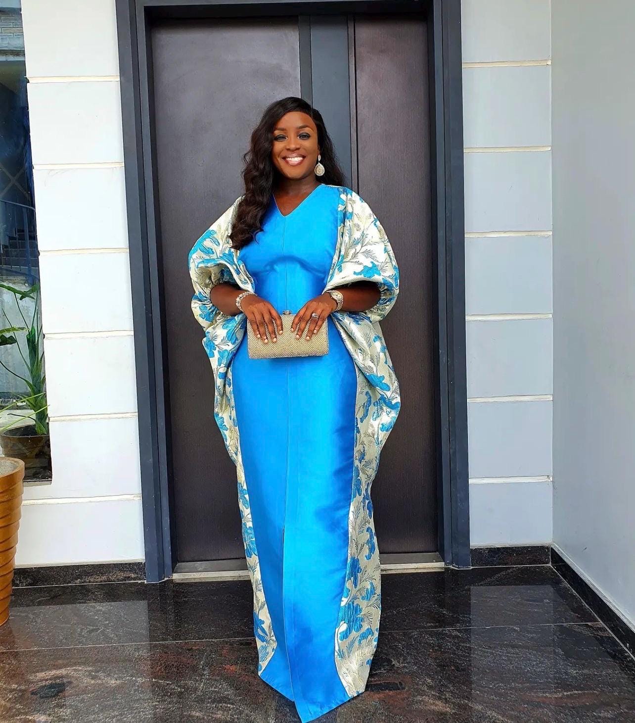 Blue Mikado Brocade Boubou | African Kaftan Dress, One Size