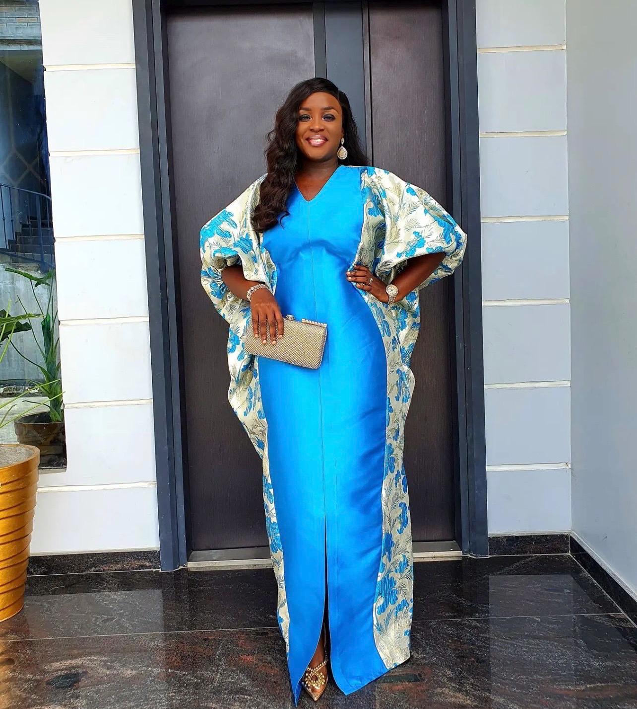 Blue Mikado Brocade Boubou | African Kaftan Dress, One Size