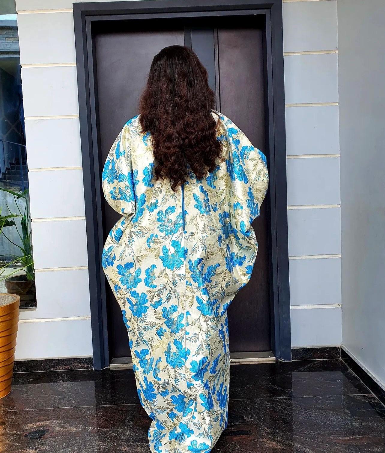 Blue Mikado Brocade Boubou | African Kaftan Dress, One Size