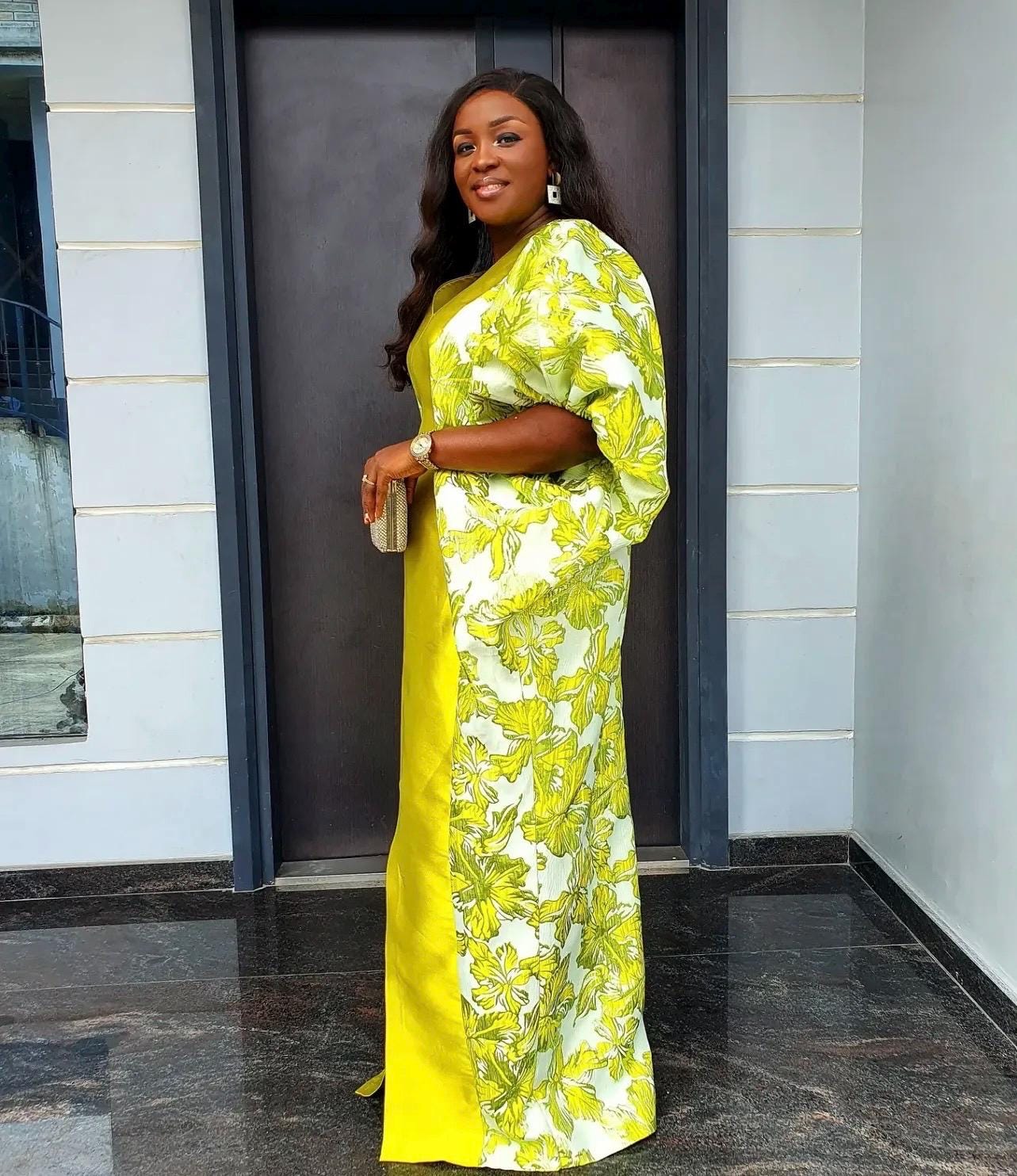 Olive Green Mikado Brocade Boubou | Nigerian Kaftan Dress with Scarf