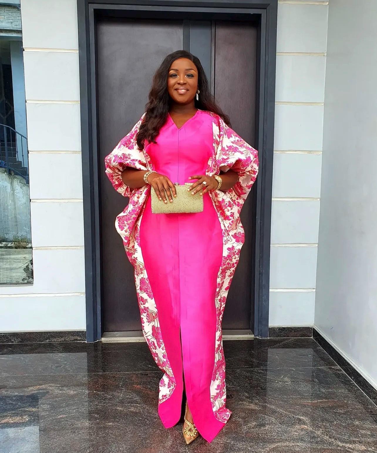 Pink Mikado Brocade Boubou | African Kaftan Dress, Scarf Included