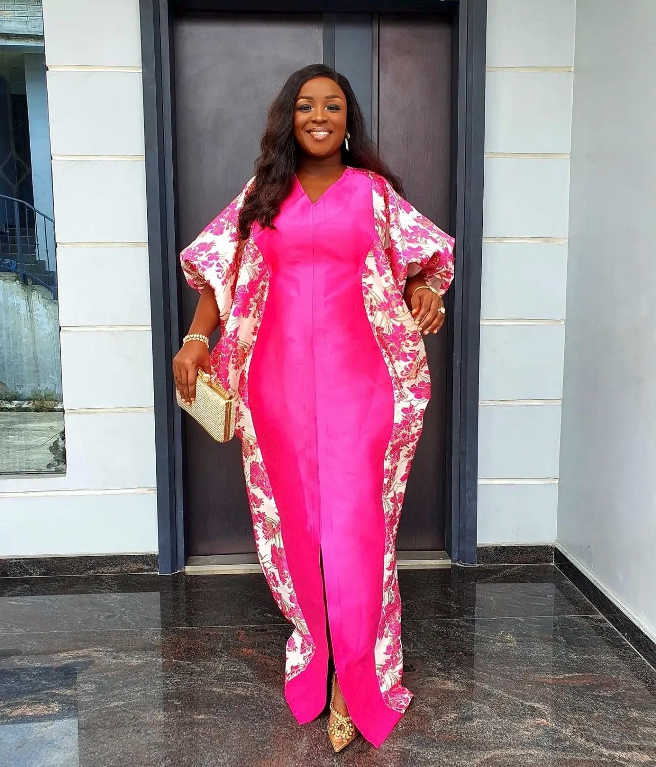 Pink Mikado Brocade Boubou | African Kaftan Dress, Scarf Included