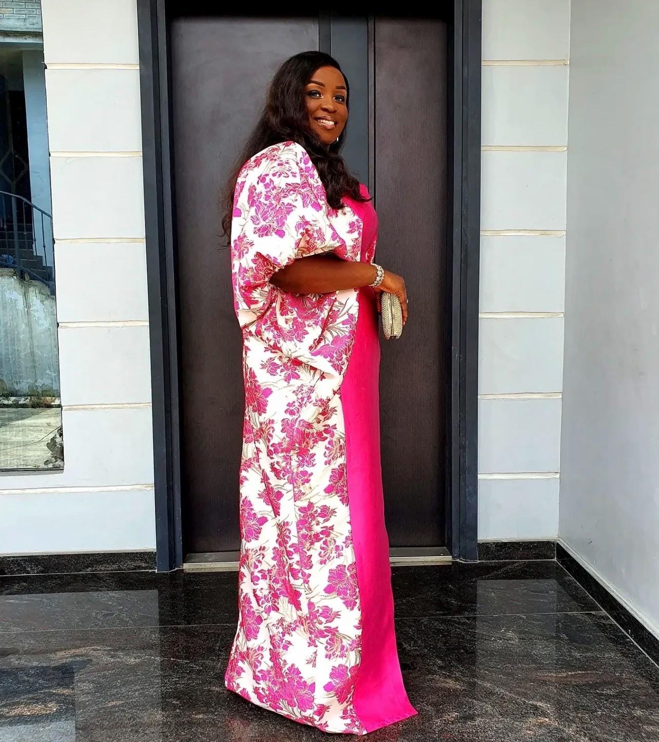 Pink Mikado Brocade Boubou | African Kaftan Dress, Scarf Included