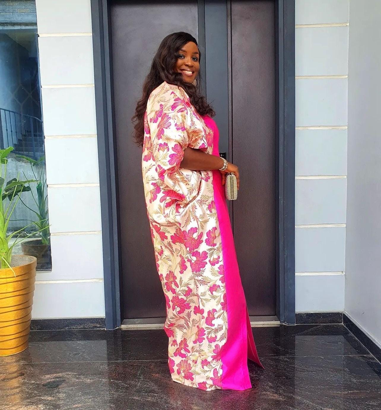 Pink Mikado Brocade Boubou | Nigerian Kaftan Dress, One Size