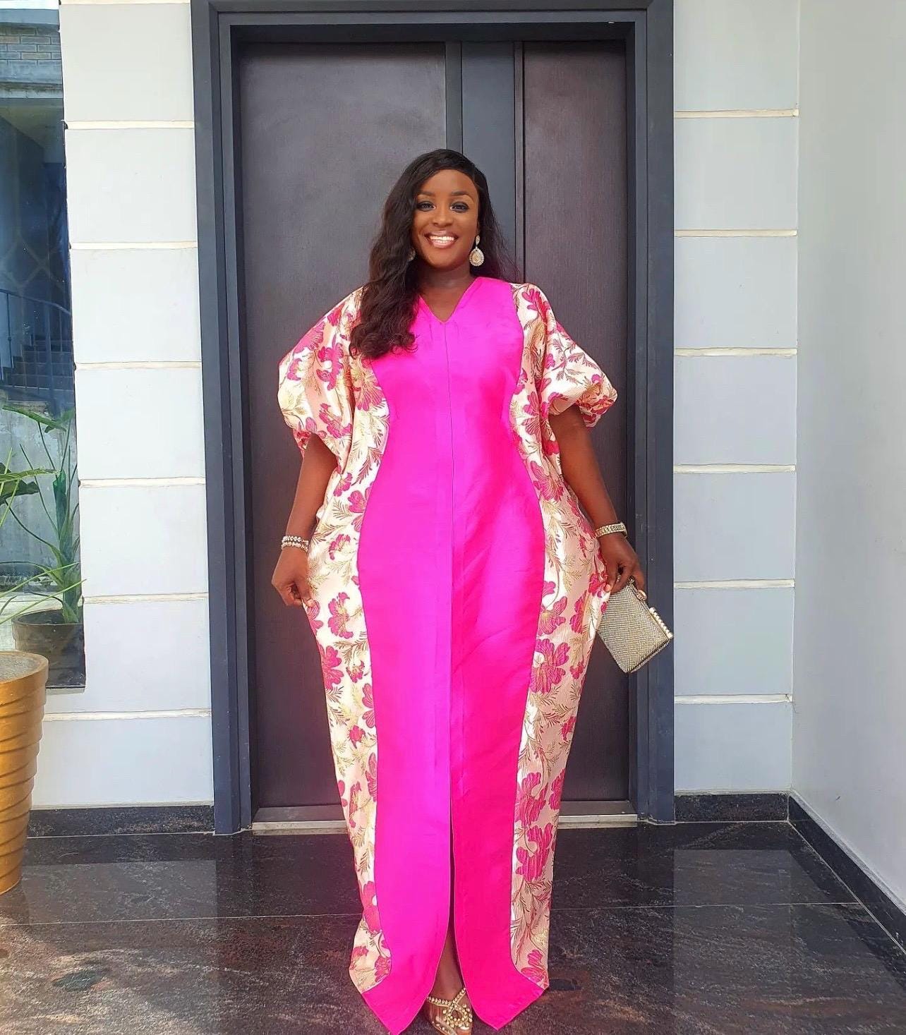 Pink Mikado Brocade Boubou | Nigerian Kaftan Dress, One Size
