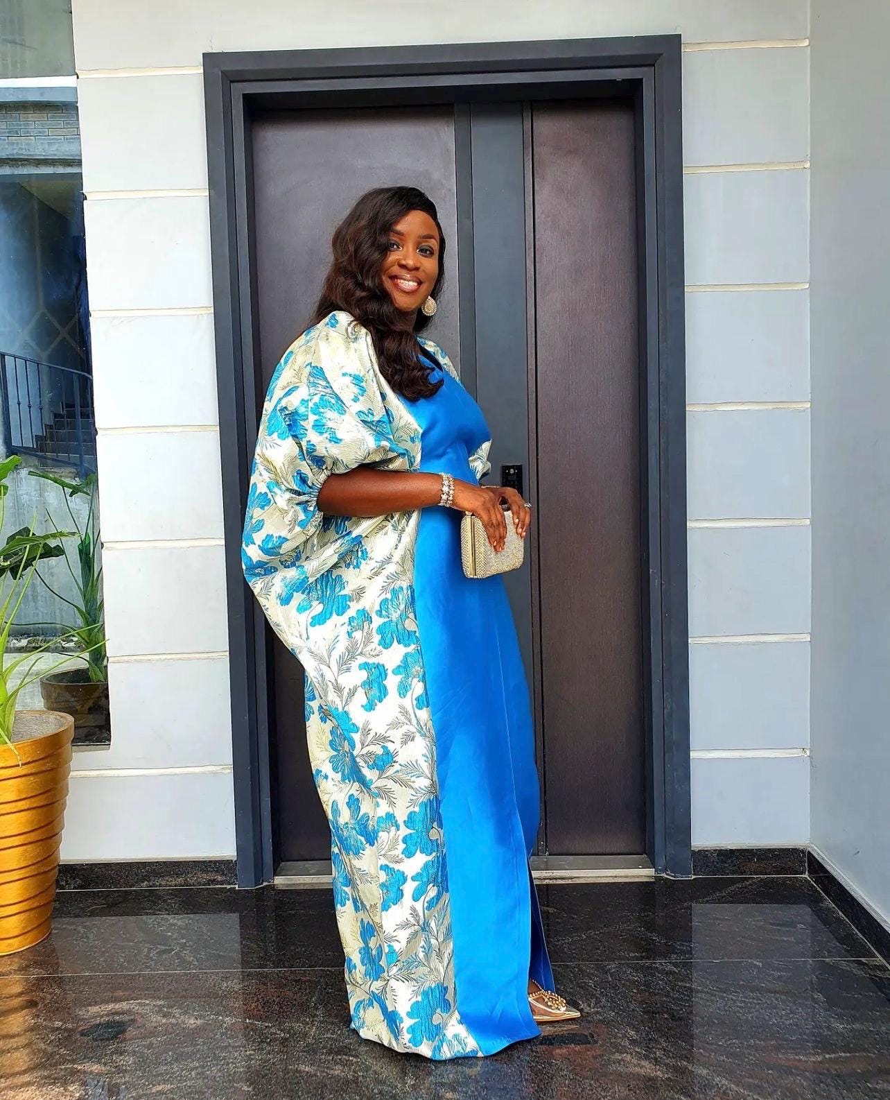 Blue Mikado Brocade Boubou | African Kaftan Dress, One Size