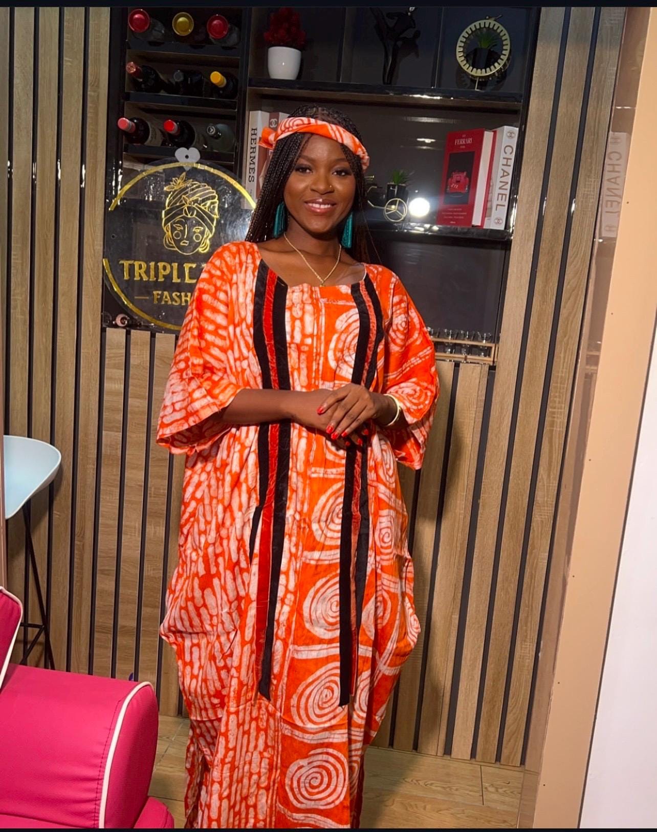 Handmade Adire Cotton Kaftan Dress with Head Scarf | Nigerian Batik Boubou