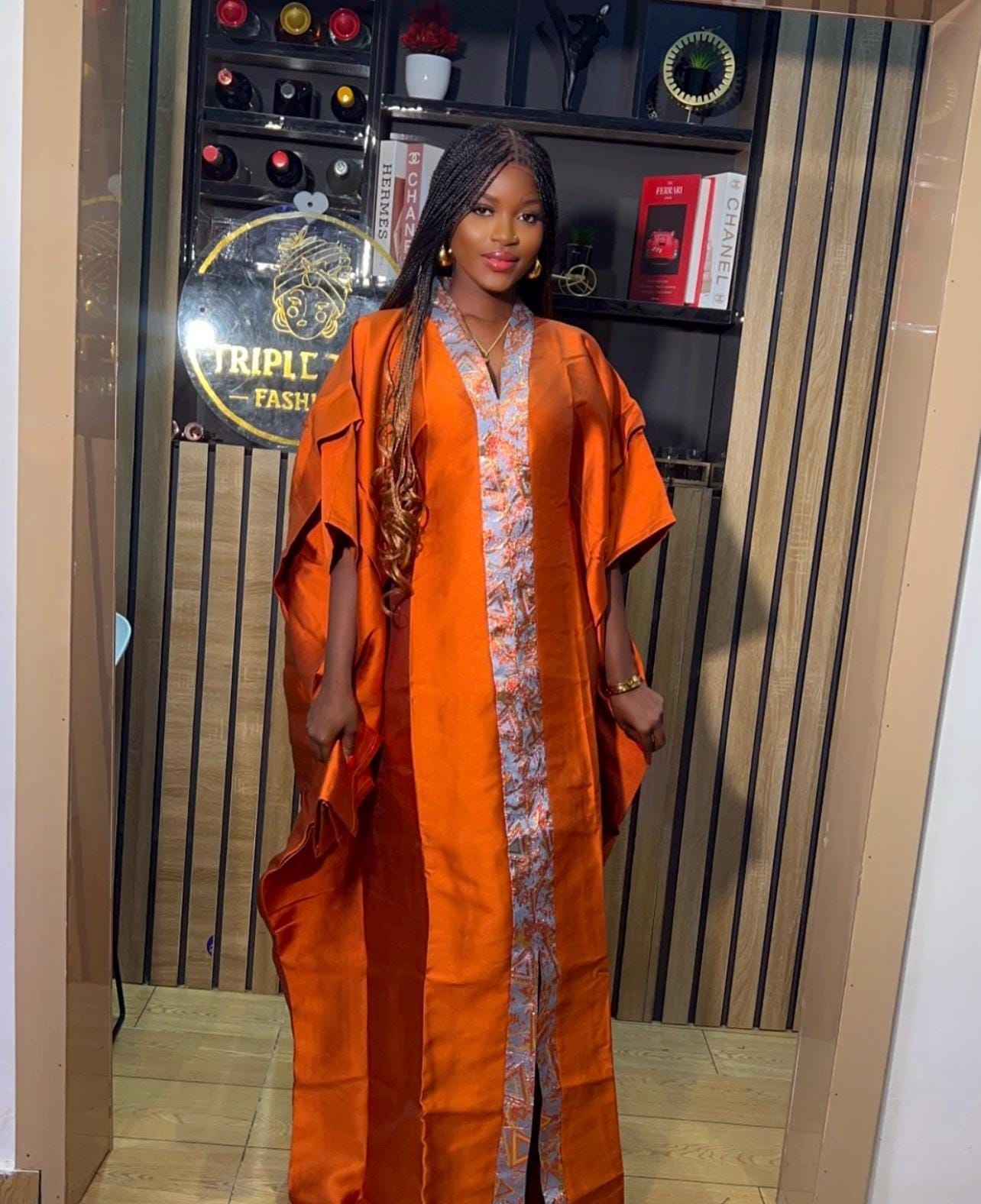 Mikado Brocade Boubou | African Kaftan Dress with Scarf