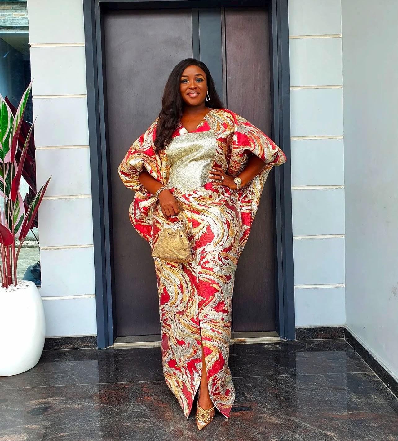 African Brocade Boubou: One Size Kaftan Dress with Scarf