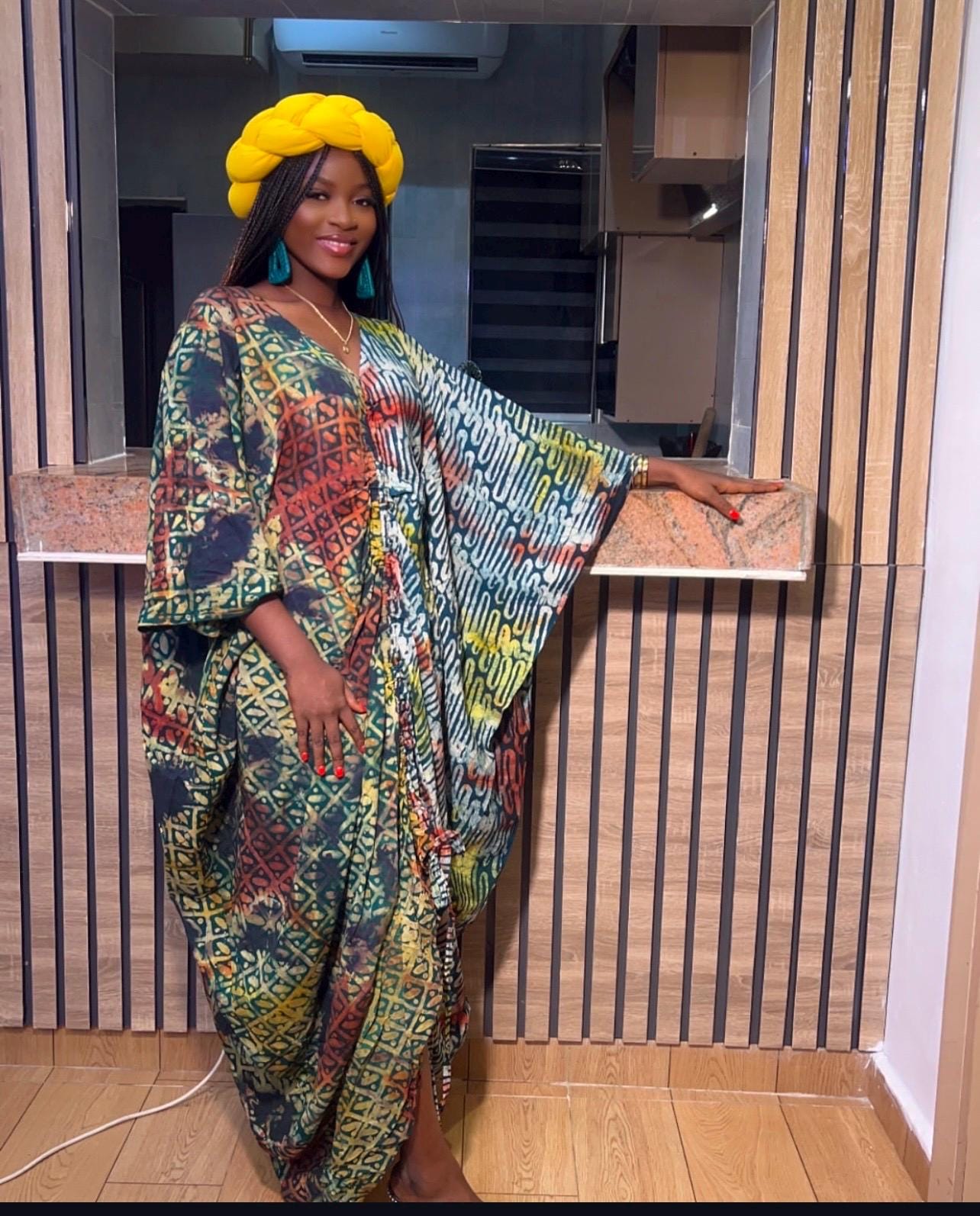 Handmade Adire Batik Kaftan Dress | Nigerian Print Boubou, Head Scarf