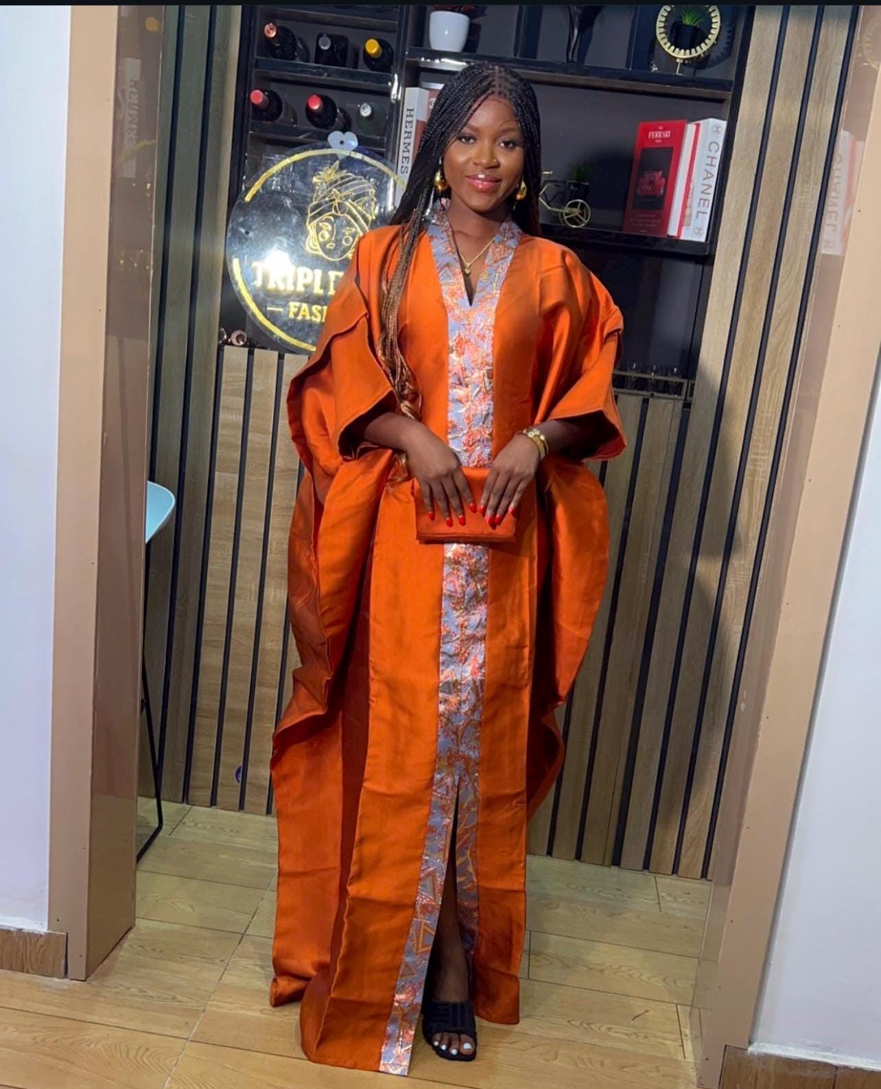 Mikado Brocade Boubou | African Kaftan Dress with Scarf