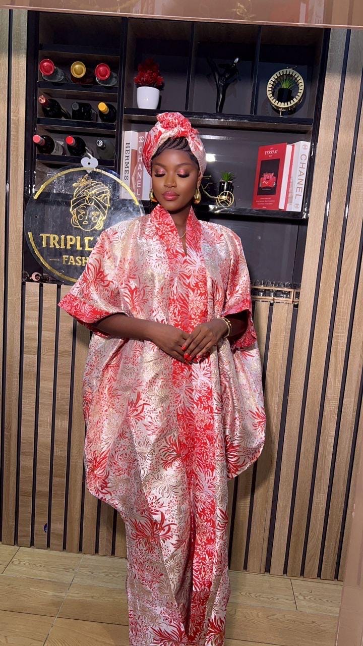 European Brocade Boubou Dress with Matching Scarf | Nigerian Kaftan