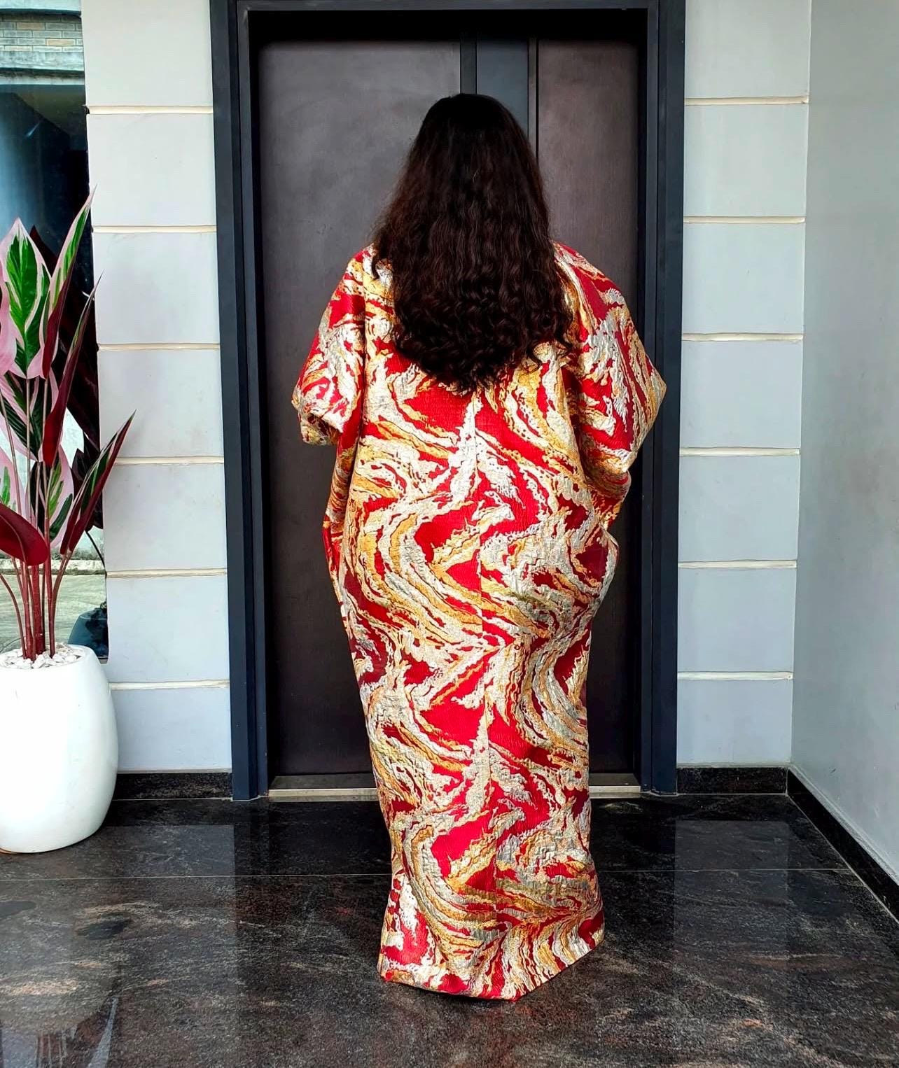 African Brocade Boubou: One Size Kaftan Dress with Scarf