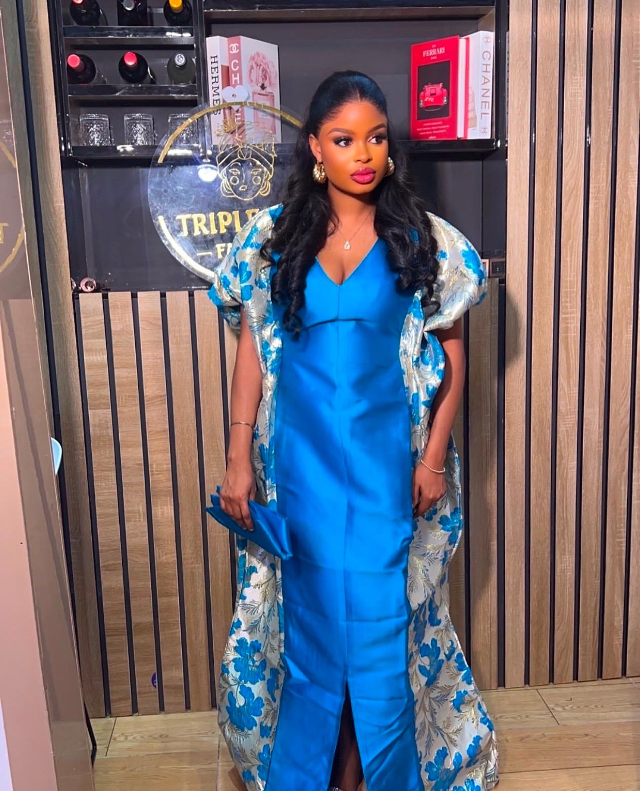 Blue Mikado Brocade Boubou | African Kaftan Dress, One Size