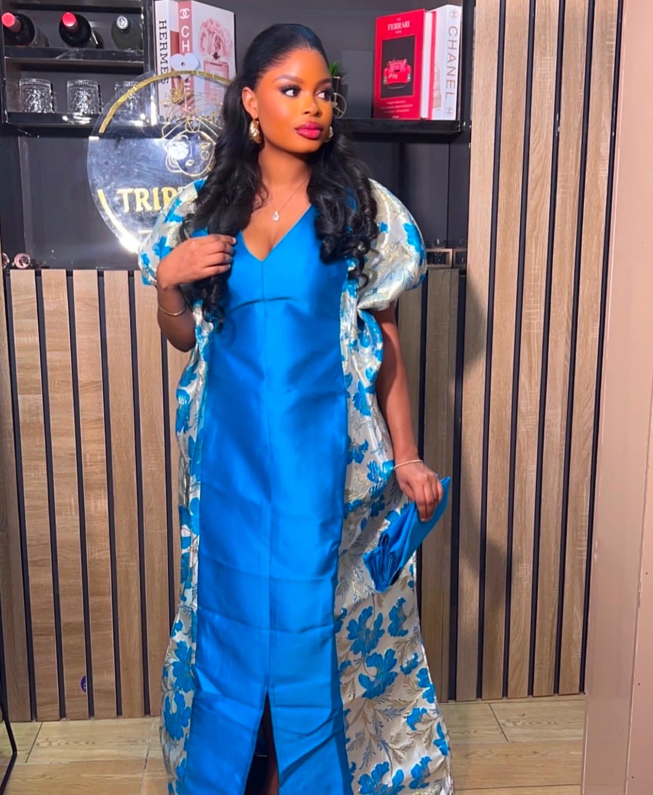 Blue Mikado Brocade Boubou | African Kaftan Dress, One Size