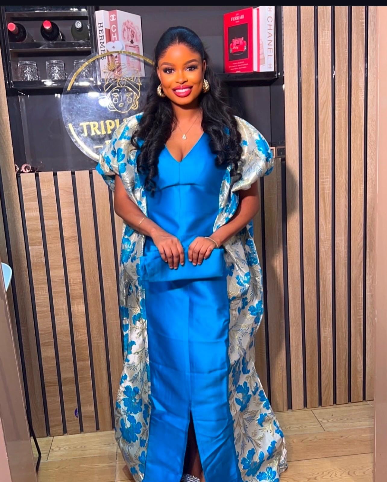 Blue Mikado Brocade Boubou | African Kaftan Dress, One Size