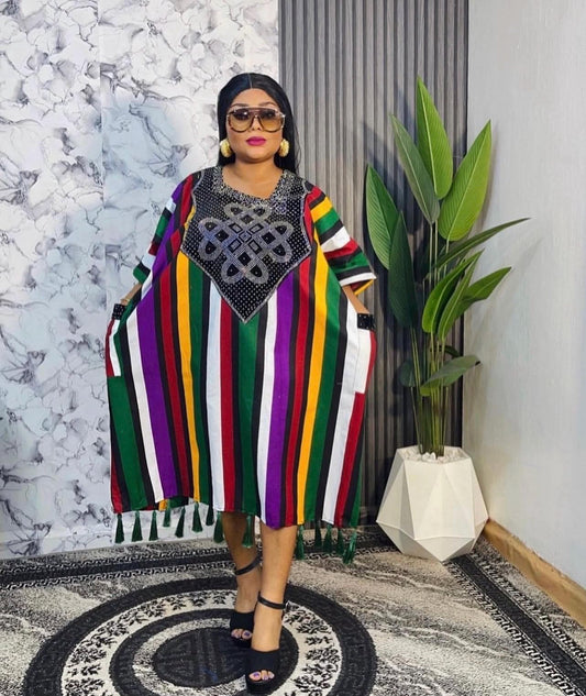 African Print Ankara Adire Kaftan Dress | Striped Ankara, Stoned Neck