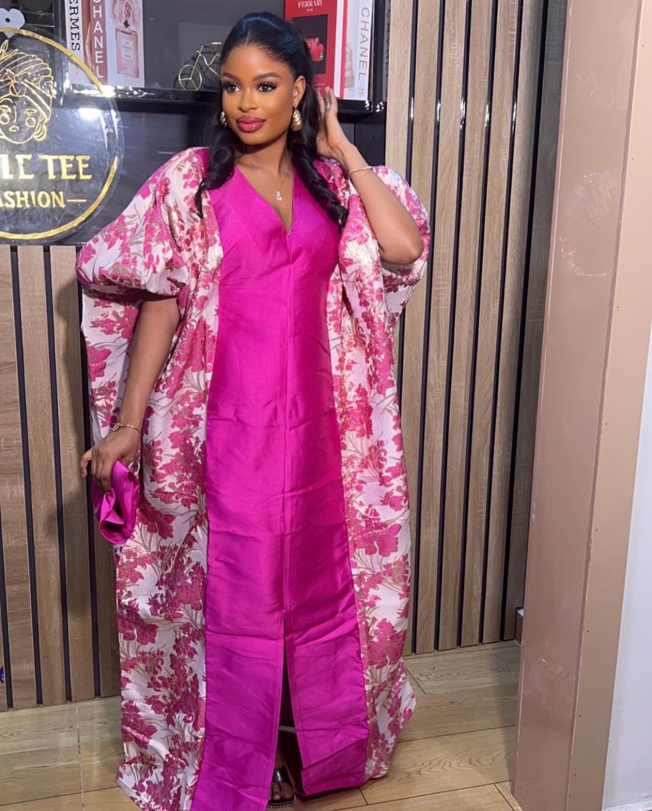 Pink Mikado Brocade Boubou | African Kaftan Dress, Scarf Included