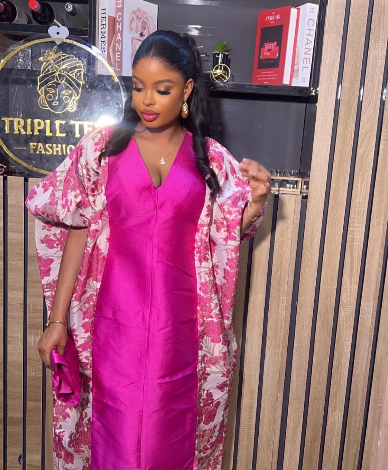 Pink Mikado Brocade Boubou | African Kaftan Dress, Scarf Included