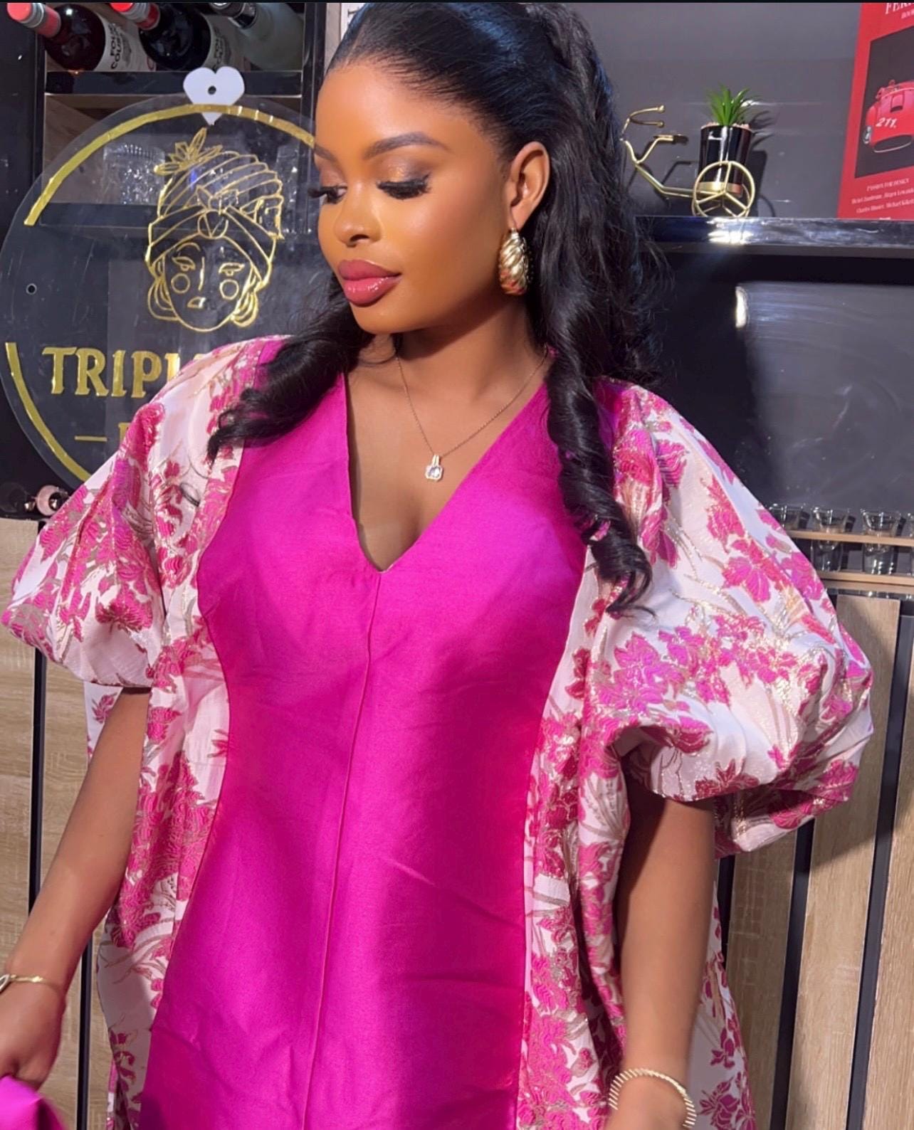 Pink Mikado Brocade Boubou | African Kaftan Dress, Scarf Included