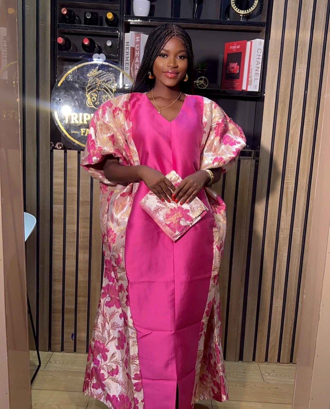 Pink Mikado Brocade Boubou | Nigerian Kaftan Dress, One Size