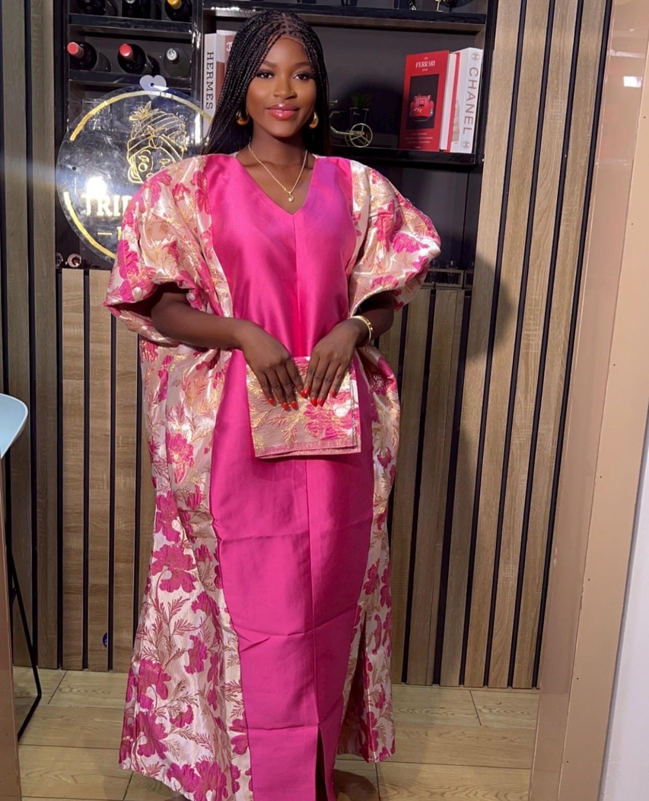 Pink Mikado Brocade Boubou | Nigerian Kaftan Dress, One Size