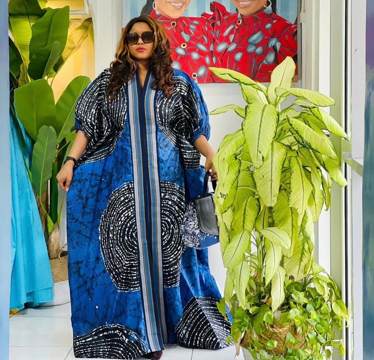 Handmade African Batik Boubou Dress | Adire Kaftan with Inner Belt