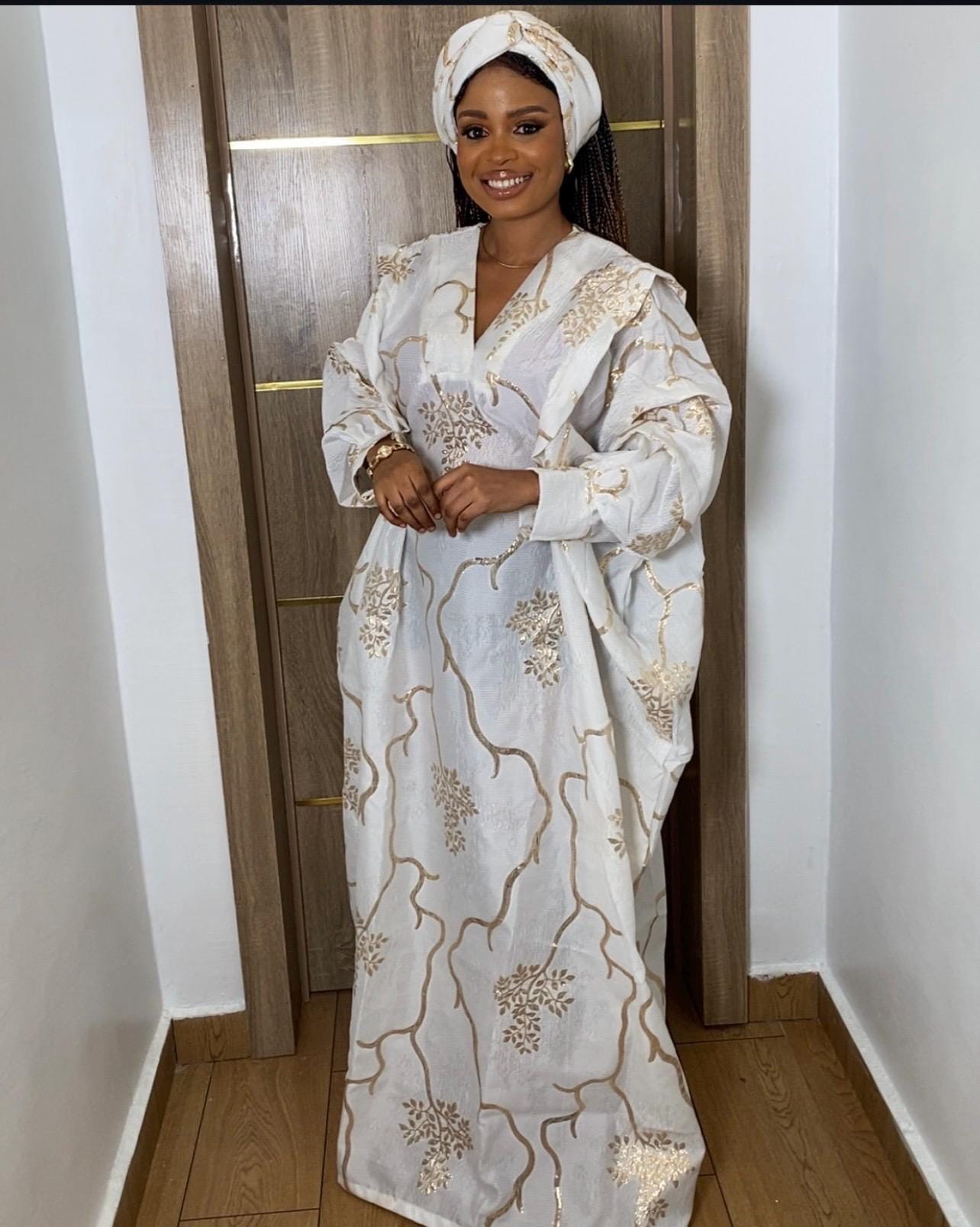 Cream & Gold Brocade Boubou Dress | African Kaftan with Matching Scarf